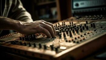 Hand einstellen Klang Rührgerät Knopf im Aufzeichnung Studio generiert durch ai foto
