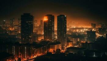 glühend Stadtbild beim Dämmerung, modern die Architektur beleuchtet generiert durch ai foto