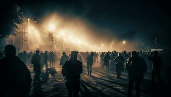 Silhouetten im Nebel, Bühne zündete, Menge brüllt generiert durch ai foto