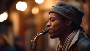 jung afrikanisch amerikanisch Musiker spielen Messing- Instrument draußen generiert durch ai foto