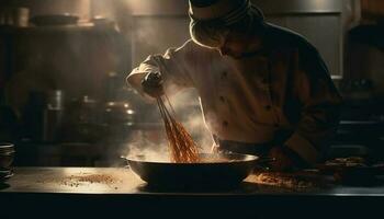 einer Mann Kochen im kommerziell Küche, vorbereiten Essen generiert durch ai foto