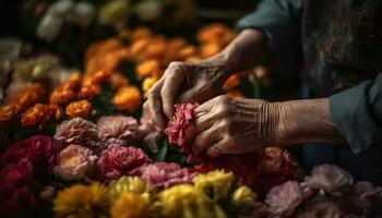Florist halten frisch Strauß, Verkauf Natur Variation generiert durch ai foto