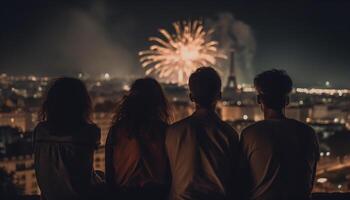 Stadt Horizont explodiert mit Feuerwerk, freudig Feier generiert durch ai foto