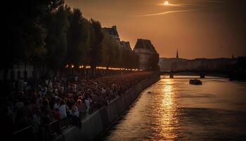 Stadt Horizont zurück zündete durch Sonnenuntergang glühen generiert durch ai foto