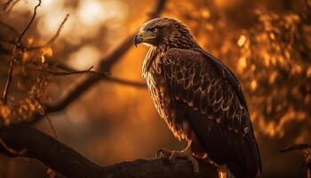 kahl Adler sich niederlassen auf Ast beim Sonnenuntergang generiert durch ai foto