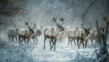 Herde von gehörnt Hirsch Stehen im Schnee generativ ai foto