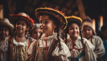 heiter Kinder im traditionell Kleidung beim Festival Parade generativ ai foto