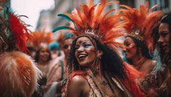 jung Frauen im traditionell Kleidung tanzen Samba generiert durch ai foto