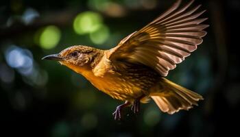 klein Vogel sich niederlassen auf Zweig, Verbreitung Flügel generativ ai foto