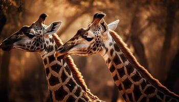 Giraffe Kalb küssen, Stehen im Sonnenlicht Essen generiert durch ai foto