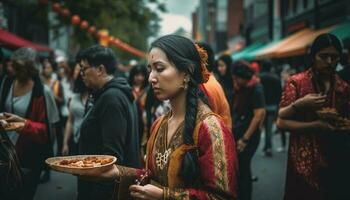 lächelnd jung Erwachsene genießen traditionell Festival Essen generativ ai foto