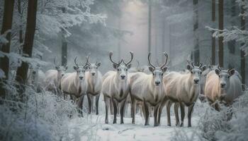 gehörnt Hirsch grasen im schneebedeckt Wald Landschaft generativ ai foto