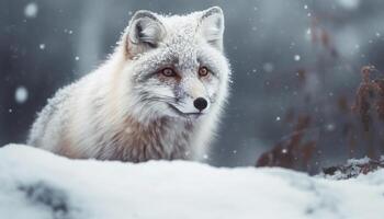 rot Fuchs schließen oben Porträt im schneebedeckt Wald generativ ai foto