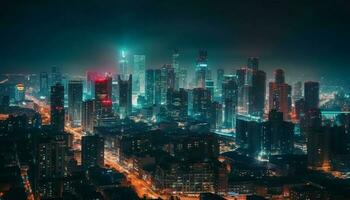 beleuchtet Stadtbild, Wolkenkratzer glühen im das Nacht generativ ai foto