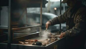 Experte Koch bereitet vor Gourmet Mahlzeit im Metall Fabrik generiert durch ai foto