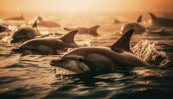 spielerisch Flasche Nase Delfine planschen im Blau Wasser generiert durch ai foto