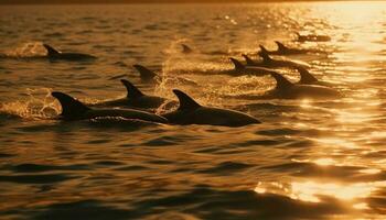 spielerisch Delfine schwimmen im das still Meer generiert durch ai foto