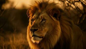 majestätisch Löwe mit ein heftig Mähne Gehen generiert durch ai foto