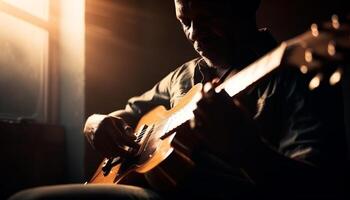 kaukasisch Gitarrist spielen akustisch Gitarre mit Konzentration generiert durch ai foto