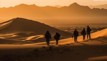 Silhouette von Gruppe Gehen auf Sand Düne generiert durch ai foto