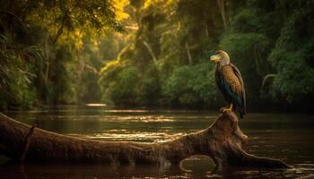 majestätisch kahl Adler sich niederlassen auf Baum Ast generiert durch ai foto