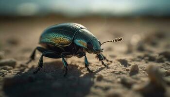 glänzend Rüsselkäfer kriechen auf Grün Blatt draußen generiert durch ai foto