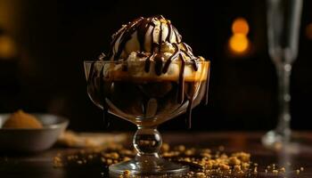 nachsichtig Dessert Tabelle mit Gourmet Schokolade Soße generiert durch ai foto