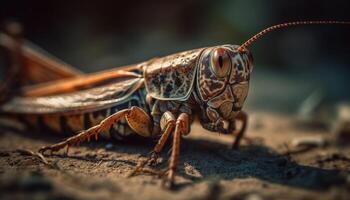 Scharf Insekt Bein Griffe Blatt im gespenstisch Wald generiert durch ai foto