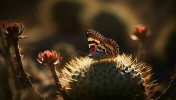 beschwingt Schmetterling bestäubt Wildblume im still Szene generiert durch ai foto