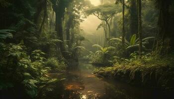 still Szene im tropisch Regenwald mit Nebel generiert durch ai foto