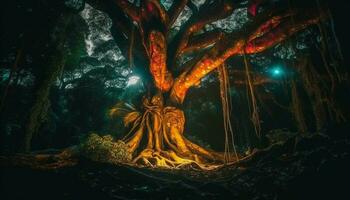 mysteriös alt Wald beleuchtet durch Blau Flamme generiert durch ai foto