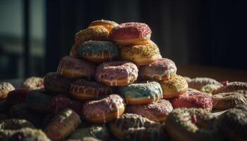 nachsichtig Dessert Stapel Donuts, Kekse, Süssigkeit, und Mehr generiert durch ai foto