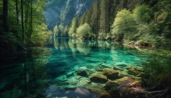 majestätisch Berg Gipfel spiegelt im still Teich generiert durch ai foto