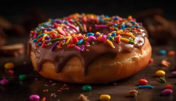 Krapfen mit Schokolade Glasur und Sträusel generiert durch ai foto