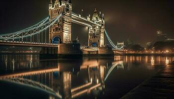 beleuchtet Suspension Brücke majestätisch spiegelt im Wasser generiert durch ai foto