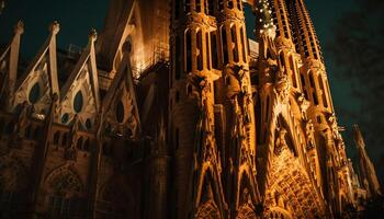 gotisch Basilika beleuchtet beim Nacht, ein Wahrzeichen generiert durch ai foto