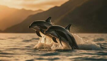 spielerisch Delfin Springen im das Sonnenuntergang sprühen generiert durch ai foto