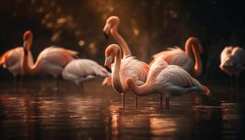 Flamingos waten im still Rosa Teich Betrachtung generiert durch ai foto