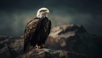 majestätisch kahl Adler sich niederlassen auf Felsen draußen generiert durch ai foto