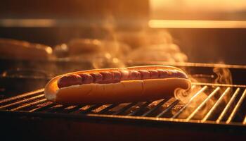 gegrillt Fleisch auf heiß Kohlen, Sommer- Grill generiert durch ai foto