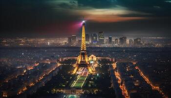 beleuchtet Stadt Horizont beim Dämmerung, futuristisch und modern generiert durch ai foto