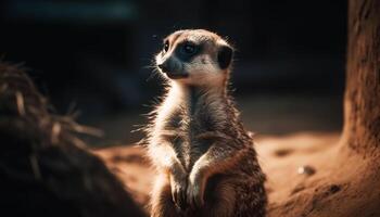 klein Erdmännchen Stehen Alarm, Aufpassen Tierwelt im Afrika generiert durch ai foto