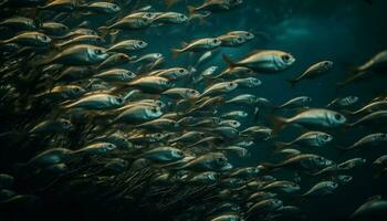 Schule von Fisch Schwimmen im tropisch Riff generiert durch ai foto