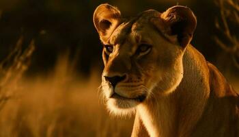 majestätisch Löwin Gehen im afrikanisch Savanne Sonnenuntergang generiert durch ai foto