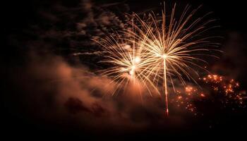 glühend Feuerwerk erleuchten dunkel Nacht Himmel explodiert generiert durch ai foto