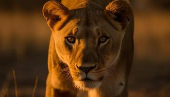 majestätisch Löwin Gehen im afrikanisch Savanne Sonnenuntergang generiert durch ai foto