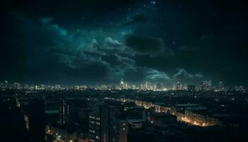 beleuchtet Wolkenkratzer glühen im futuristisch Stadt Nachtleben generiert durch ai foto