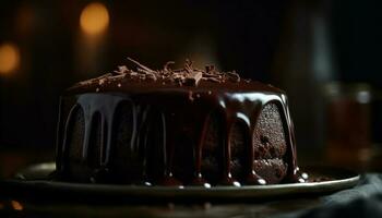 nachsichtig Schokolade Kuchen Scheibe, cremig Glasur schmelzen generiert durch ai foto