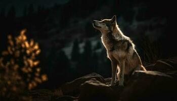 jung Wolf Sitzung im Winter Wald Nacht generiert durch ai foto