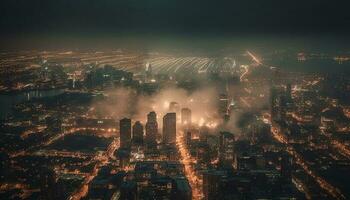 glühend Stadtbild beim Dämmerung, ein futuristisch Panorama generiert durch ai foto